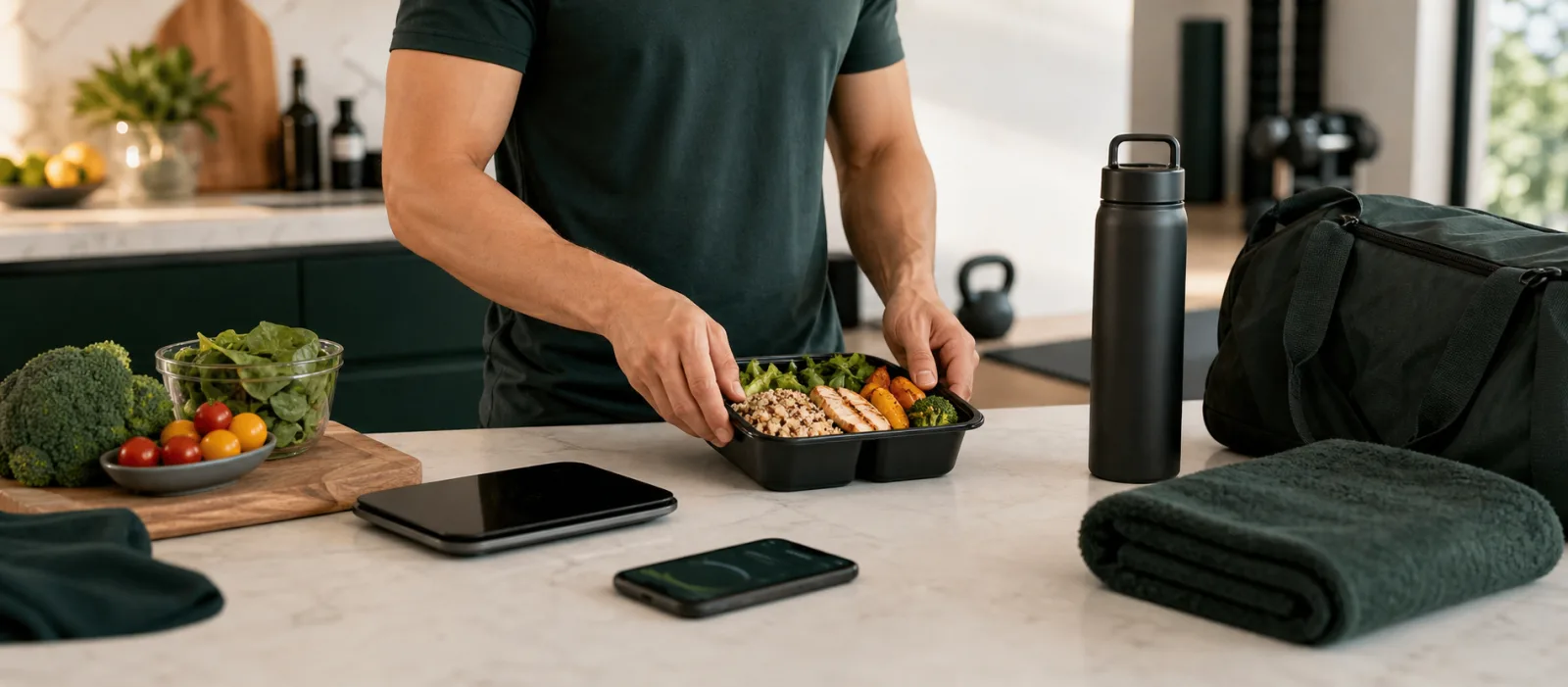 Préparation d’une journée nutrition et sport avec MYDAILYNESS, cadrée sans visage
